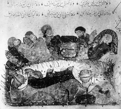 Ms Ar 5847 f.11、「Le Maqamat de al&39;Hariri」からのキャラバンレスト、c.1240 作： Yahya ibn Mahmud Al Wasiti